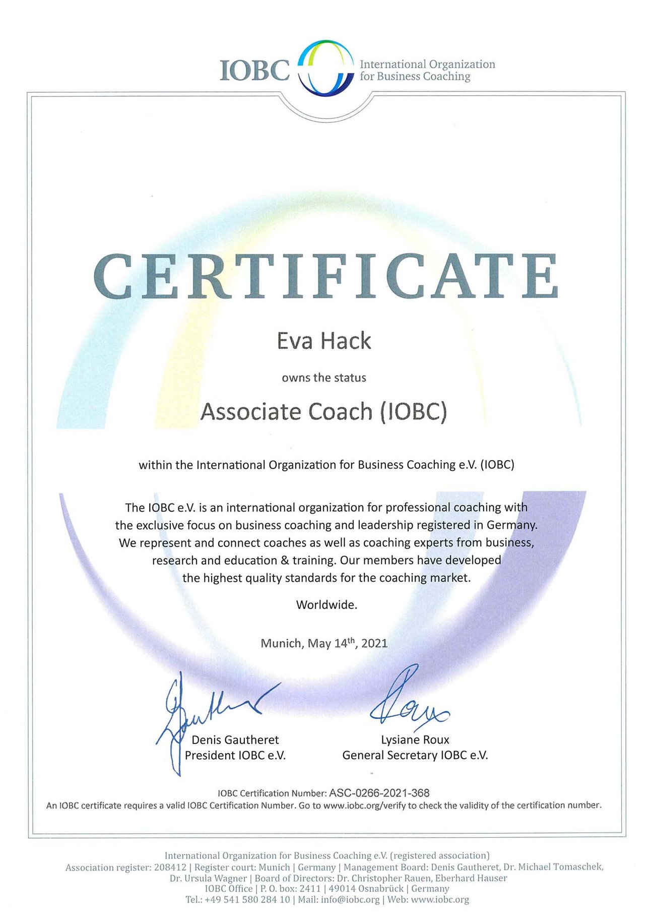 EVA Hack IOBC-Zertifikat Associate-Coach-2021